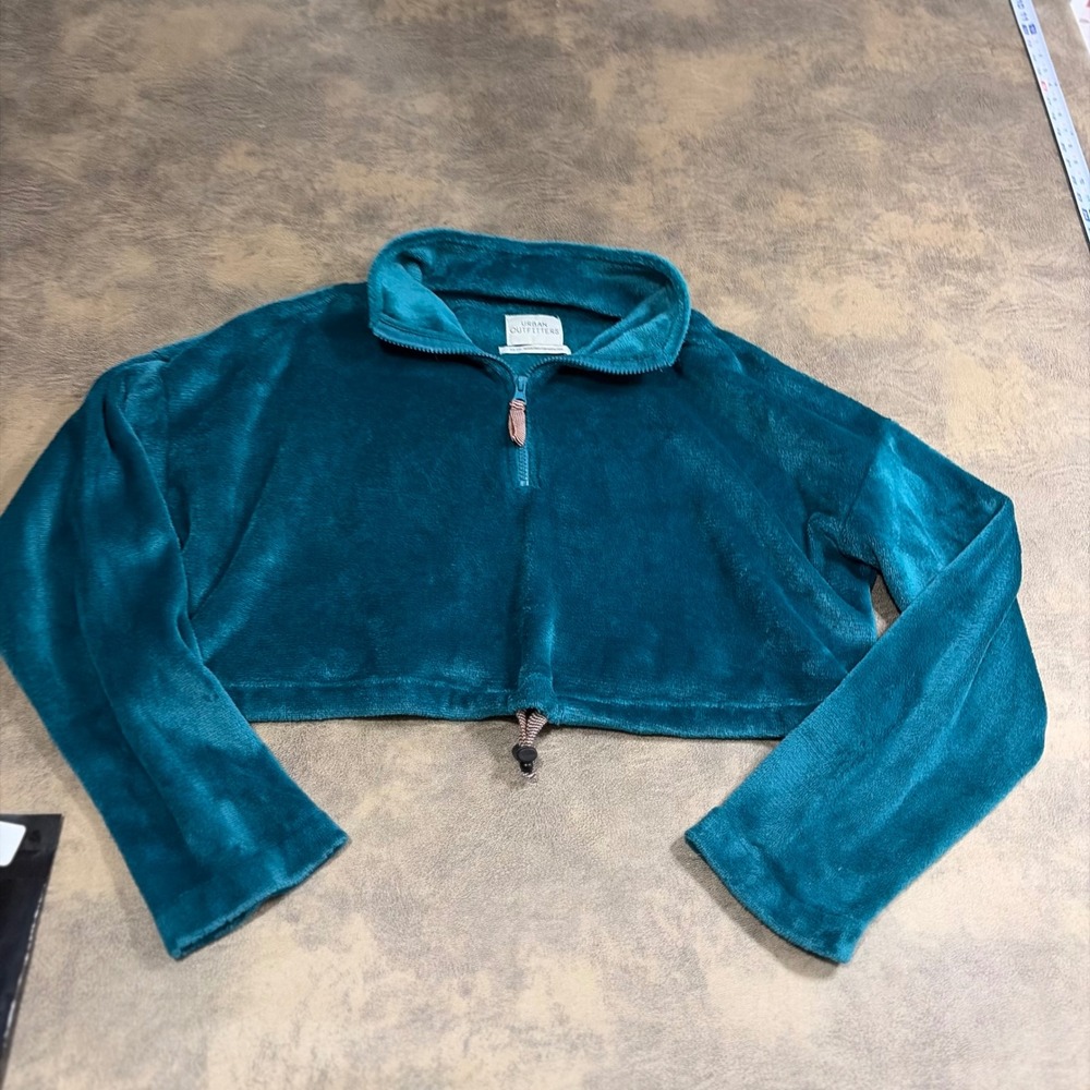 Urban Outfitters Velour Pullover Womens XS Teal Cropped Quarter Zip Mock Neck
